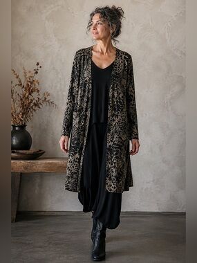 Byrn Walker Artwear Lagenlook Leopard Paisley Long Duster Cardigan S
